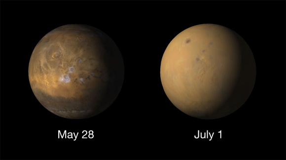 These images from Mars Color Imager (MARCI) aboard NASA’s Mars Reconnaissance Orbiter (MRO) show Mars before (left) and during (right) the June 2018 dust storm. Image credit: NASA / JPL-Caltech / University of Arizona.