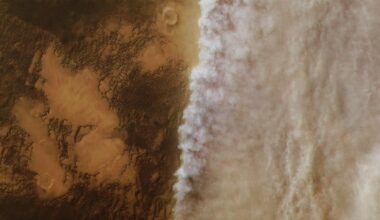 Orbital image of the global dust storm occurring in Martian Year 34 (mid-2018), which enveloped the entire Red Planet. (Credit: NASA/ESU)