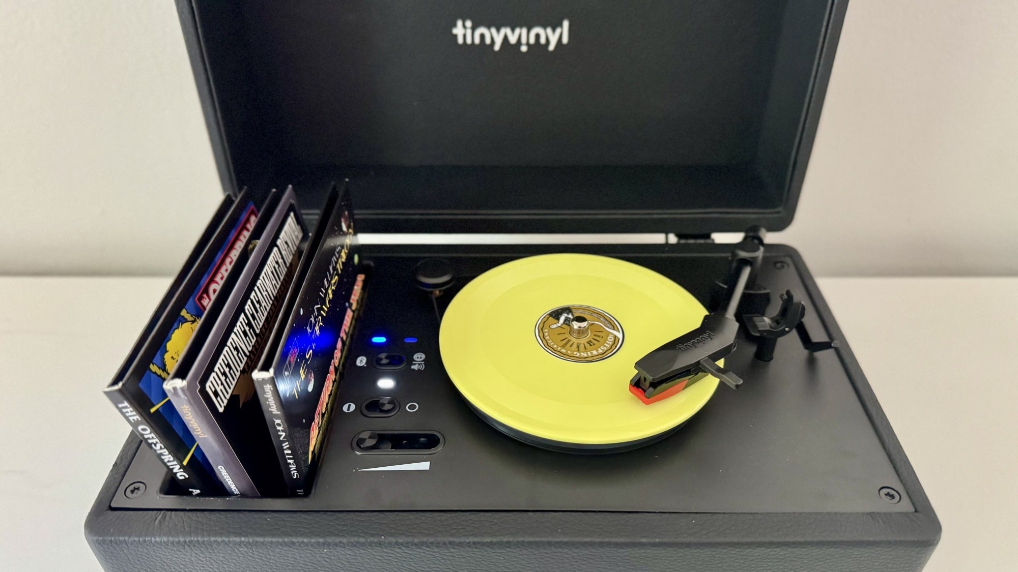 a close-up of the tiny vinyl player