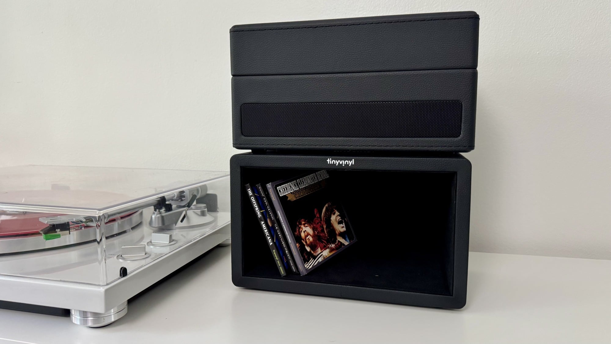 the tiny vinyl player on top of the tiny vinyl crate