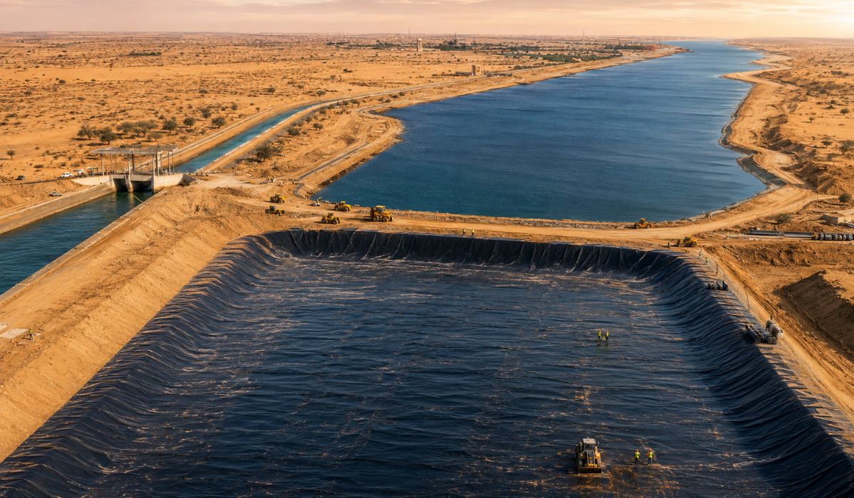 India excavates a 28 km artificial lake in the Thar Desert, lines the bottom with a giant plastic sheet to prevent 1.41 million tons of water from disappearing into the sand, and attempts to supply 5 million people throughout the year.