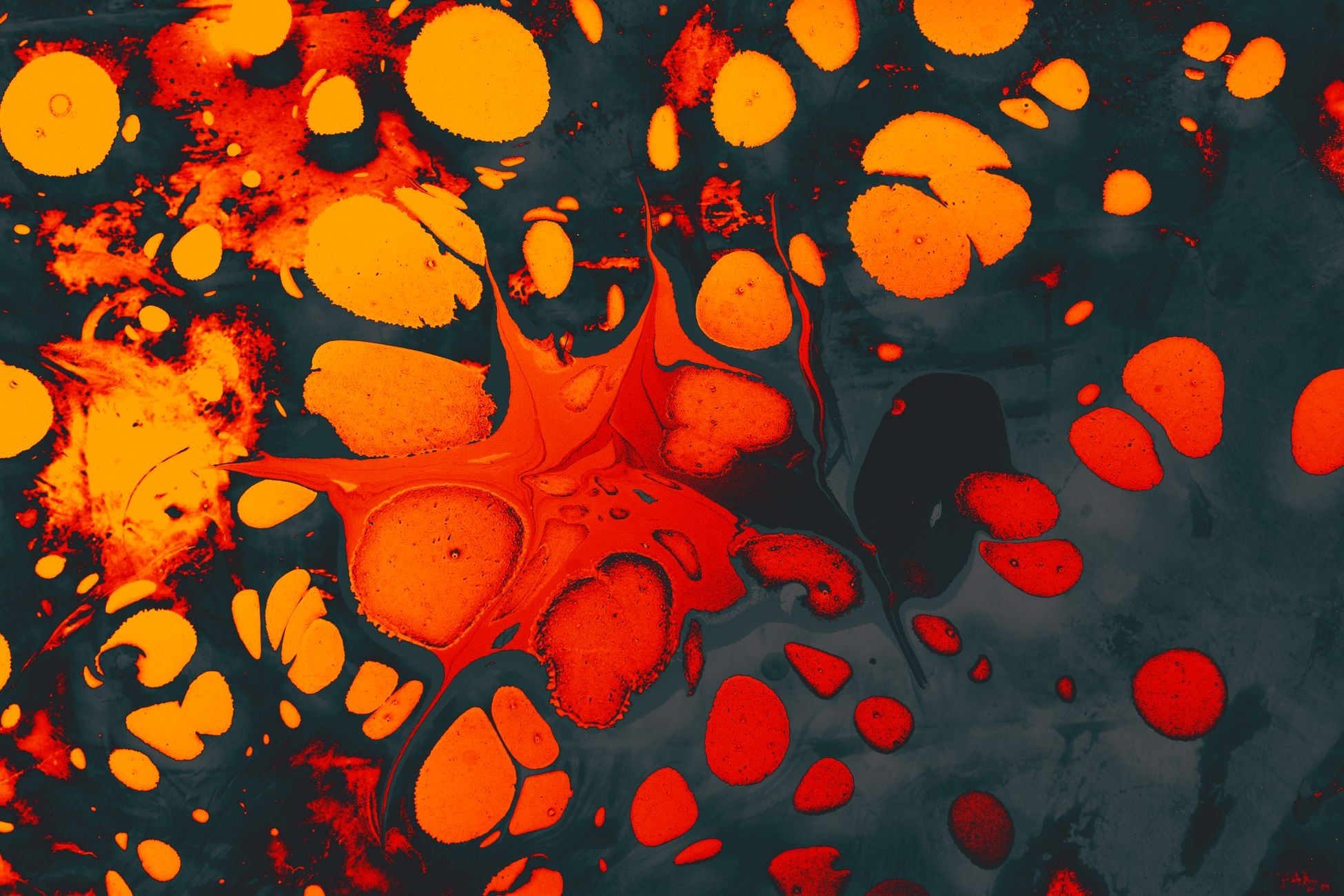 Dynamic abstract artwork with bold orange and black patterns creating a vivid visual impact.