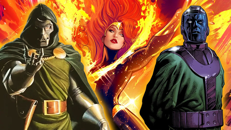 A collage of comic book art featuring Doctor Doom, Phoenix, and Kang the Conqueror