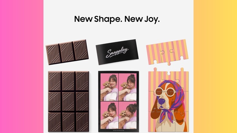 Illustration teasing the new Samsung foldable shape. Shows a chocolate bar, a display of four photos of a woman and her dog, and a puzzle of a cartoon basset hound wearing sunglasses, each with the top quarter broken off from the whole.