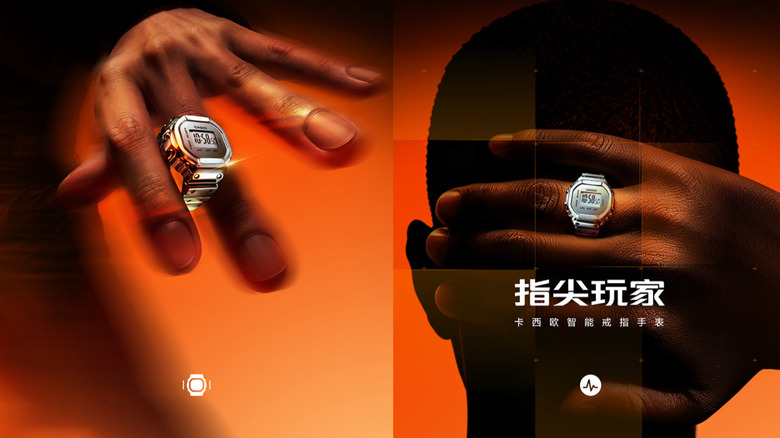 Promotional image from Casio for the China launch of its CRW-H001M-8 smart ring watch.