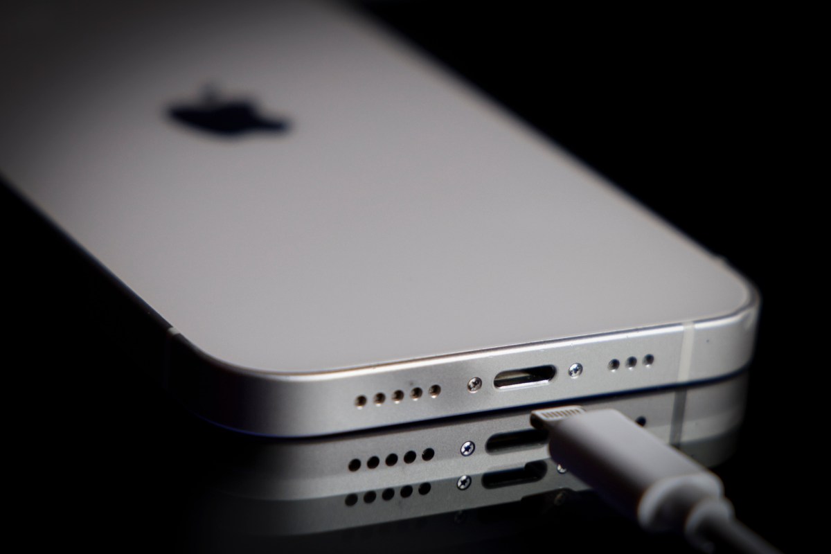 A Apple Lightning port charging cable is seen with with an iPhone.