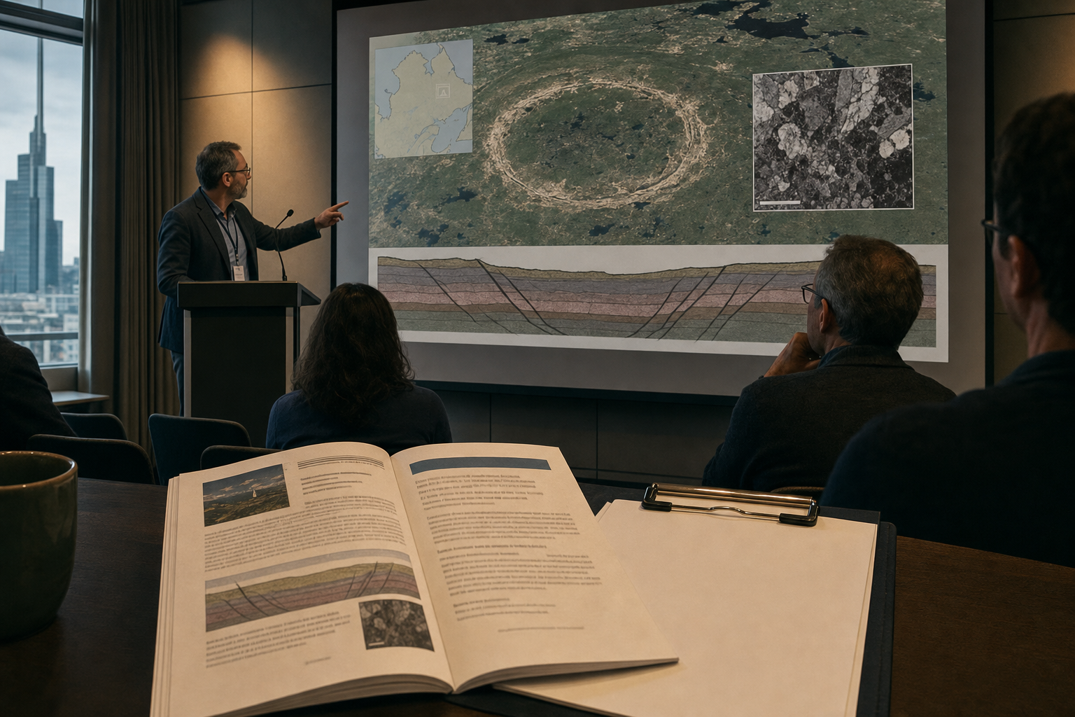Satellite imagery leads from a circular Quebec landform to expert geological verification