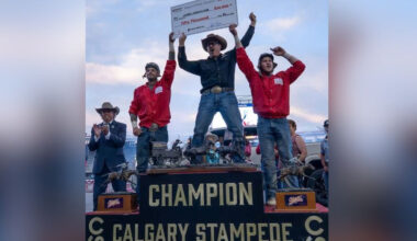 Jamie Laboucane celebrating his win standing on a podium.