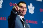 John Chayka speaks at a news conference as he was announced as general manager and Mats Sundin introduced as senior executive advisor of hockey operations of the Toronto Maple Leafs.