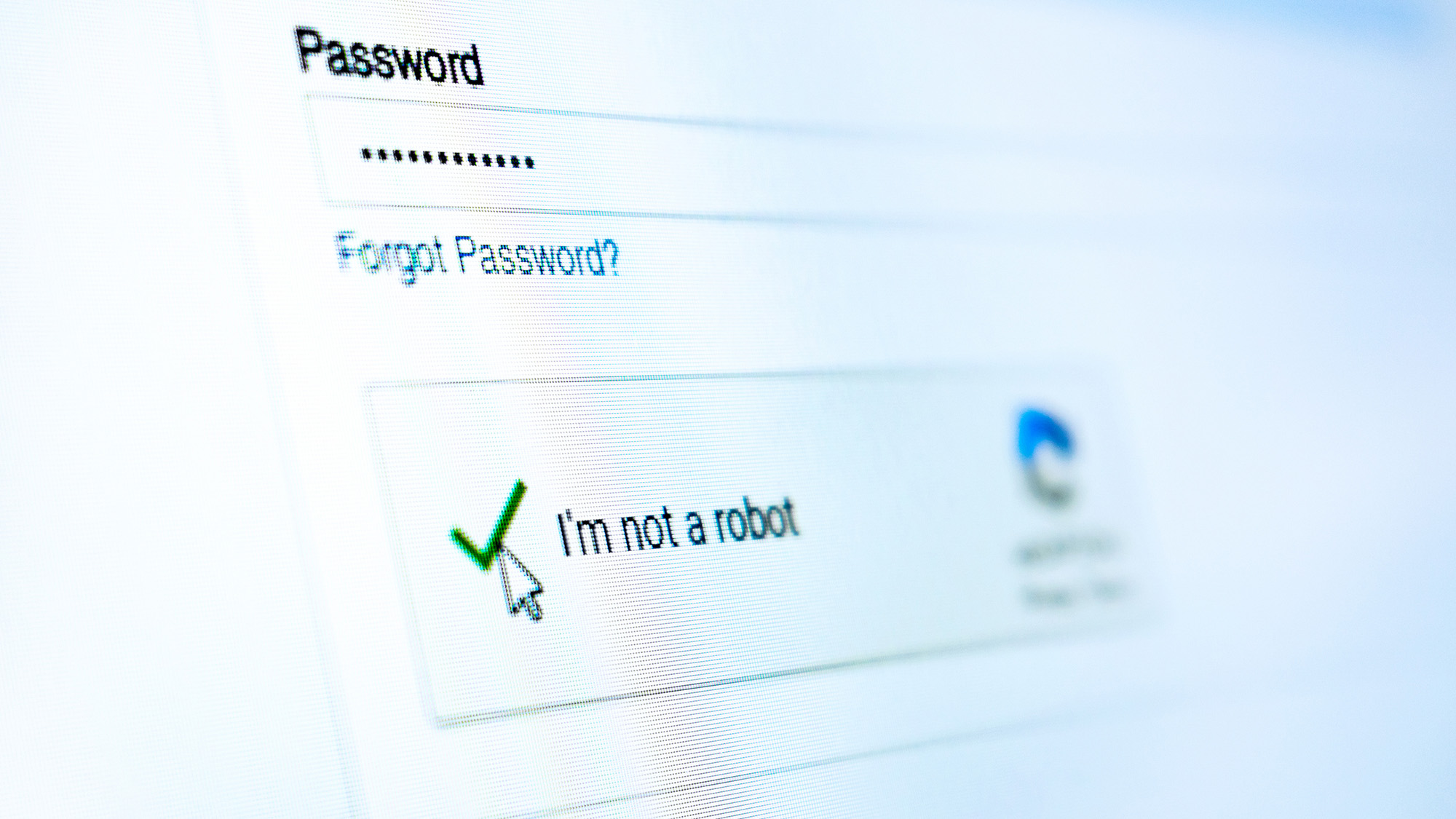 A close up of a computer screen showing the captcha "I am not a robot" clicked with a green check mark