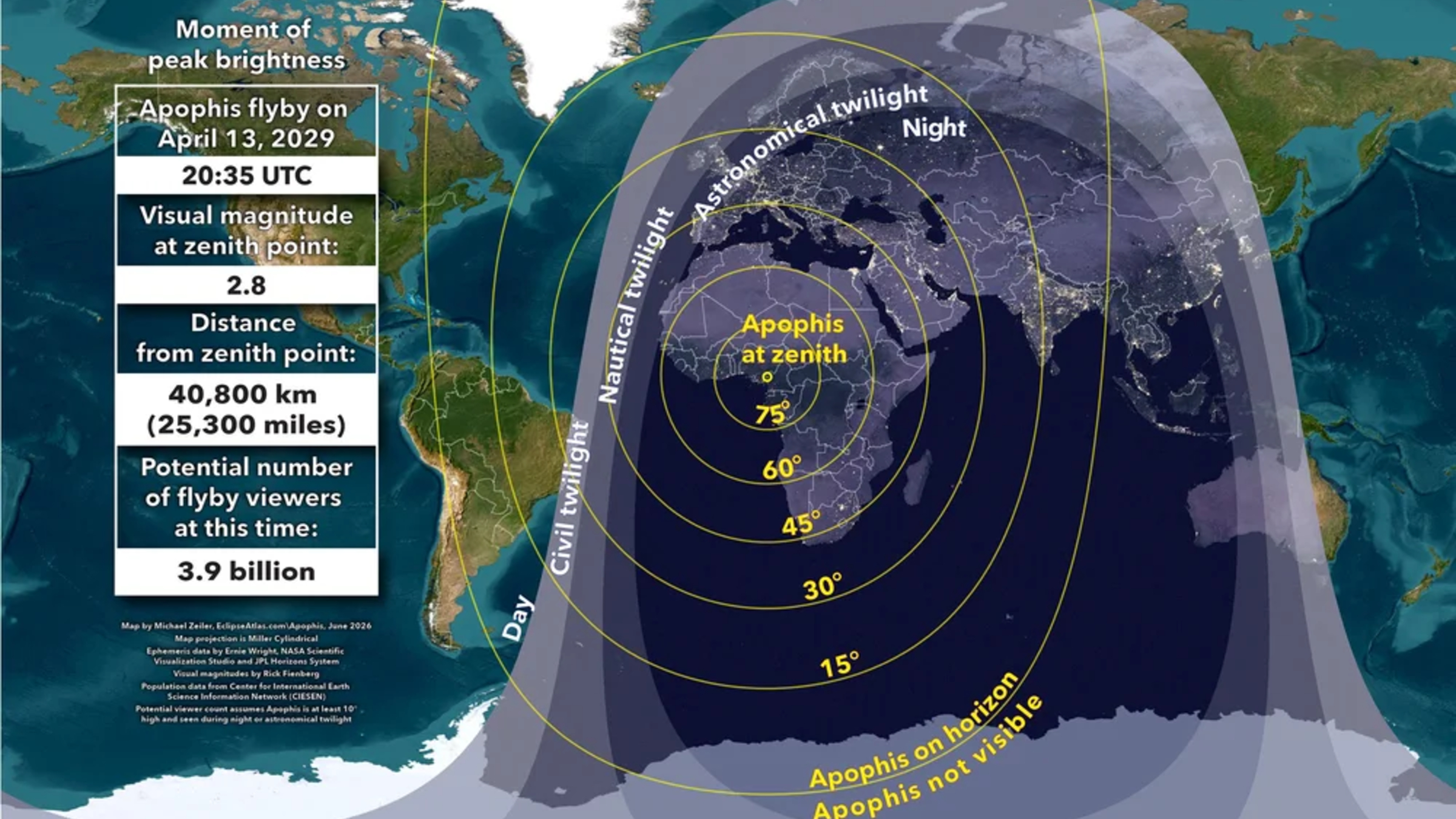 A map of Earth showing which regions are in darkness and within viewing range of Apophis at its most visible point
