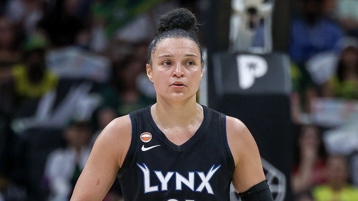 Kayla McBride reacts during the second quarter at Climate Pledge Arena.