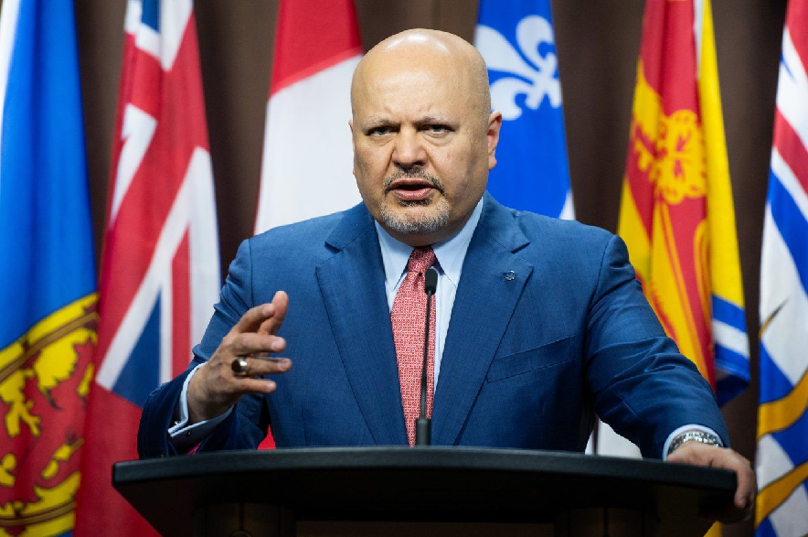 International Criminal Court (ICC) Chief Prosecutor Karim Khan speaks at a press conference during his first official visit to Canada on Parliament Hill, in Ottawa, on Friday, May 5, 2023.