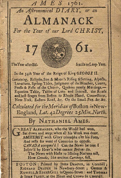 Title page from a "typical" almanac of the 18th century (1761).