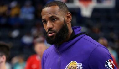 LeBron James in a purple Lakers sweater