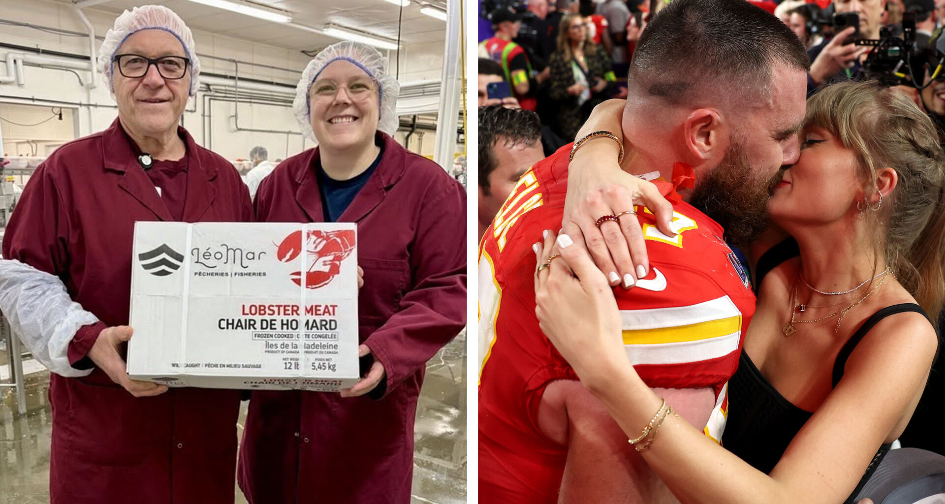 Two photos. One of two people in hairnets and lab coats holding a large box of frozen lobster, and the other shows Travis Kelce and Taylor Swift embracing after a football game surrounded by photographers.