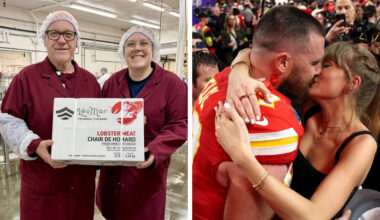 Two photos. One of two people in hairnets and lab coats holding a large box of frozen lobster, and the other shows Travis Kelce and Taylor Swift embracing after a football game surrounded by photographers.