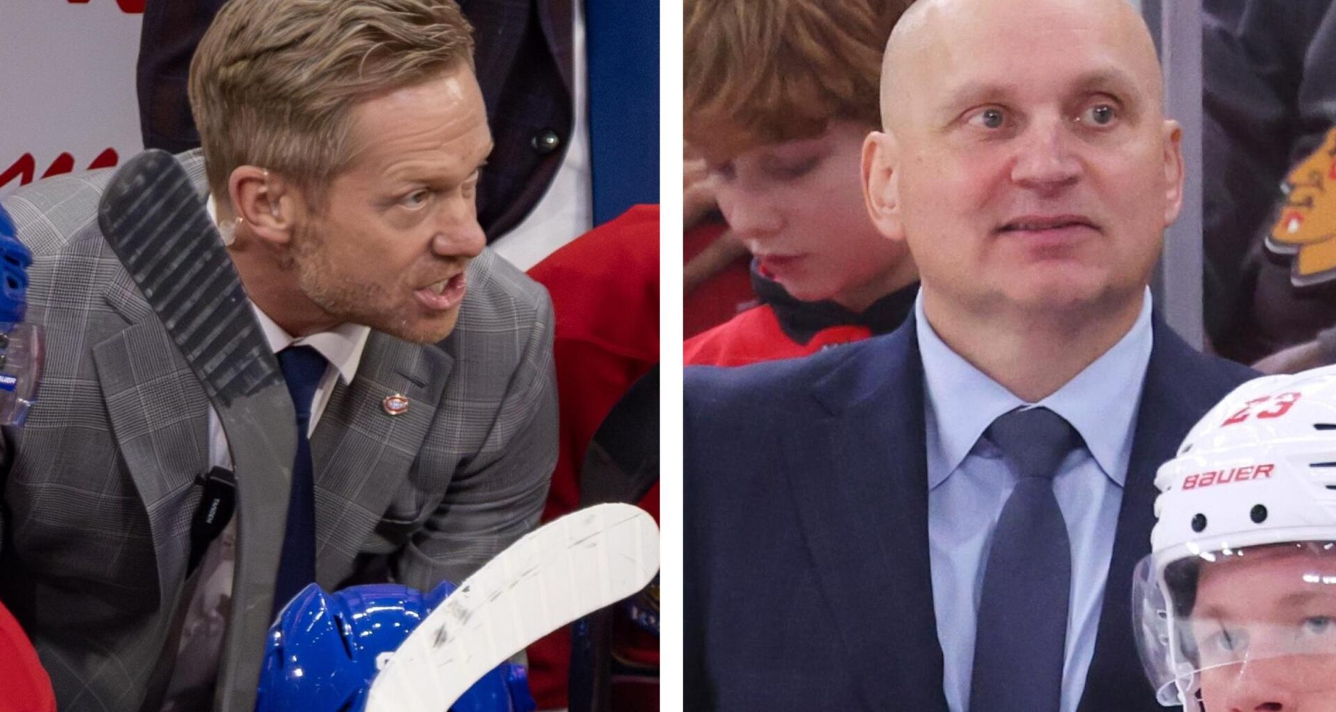 Two photos of men behind NHL benches.