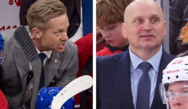 Two photos of men behind NHL benches.