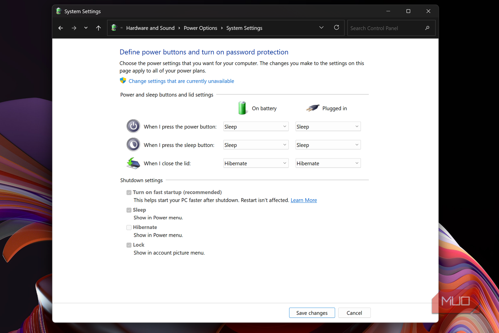 windows power options when you close the lid