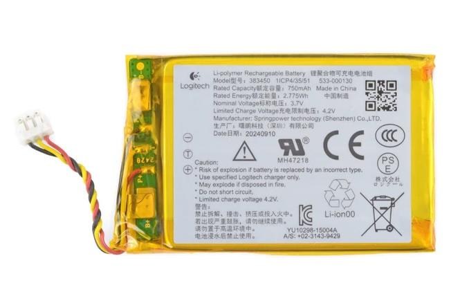 A Logitech soft-pack battery, where an easily puncturable lithium polymer cell lives right under the paper label.