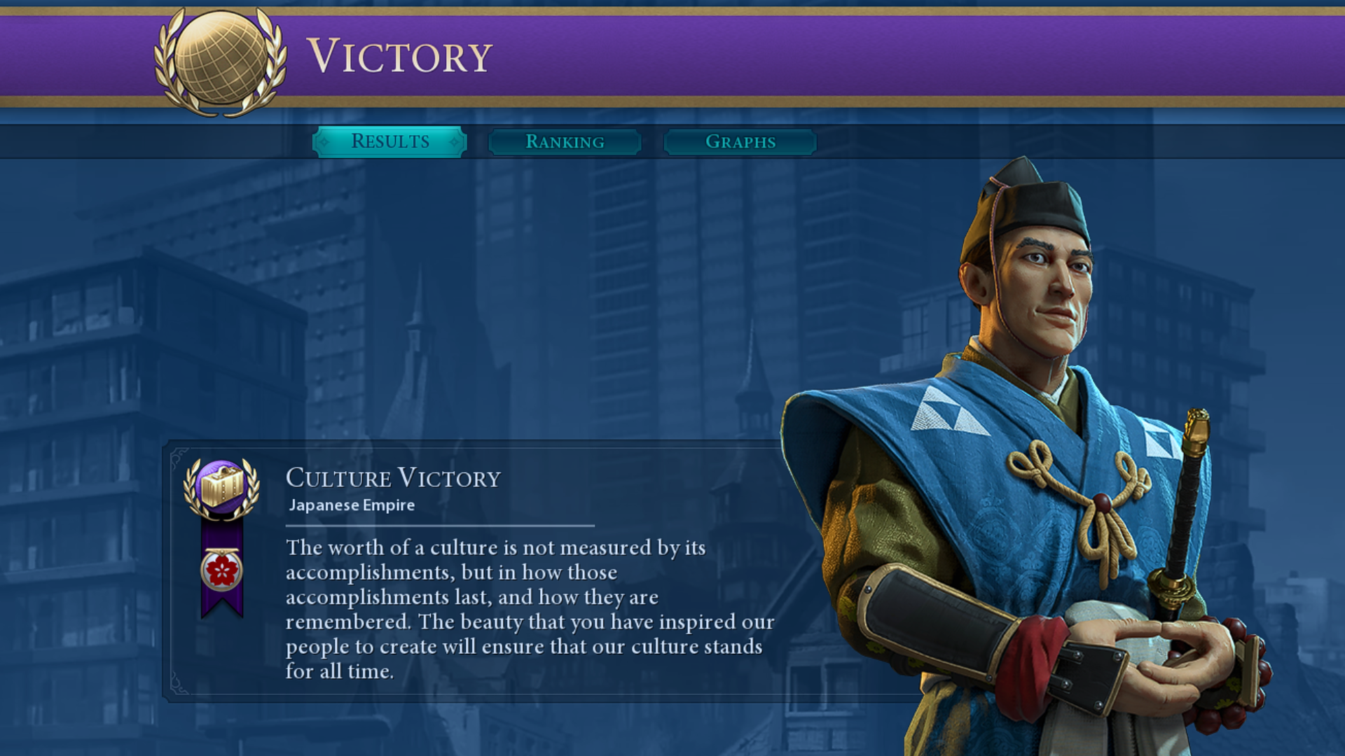 The victory screen from Civ 6, showing a Japanese cultural victory.