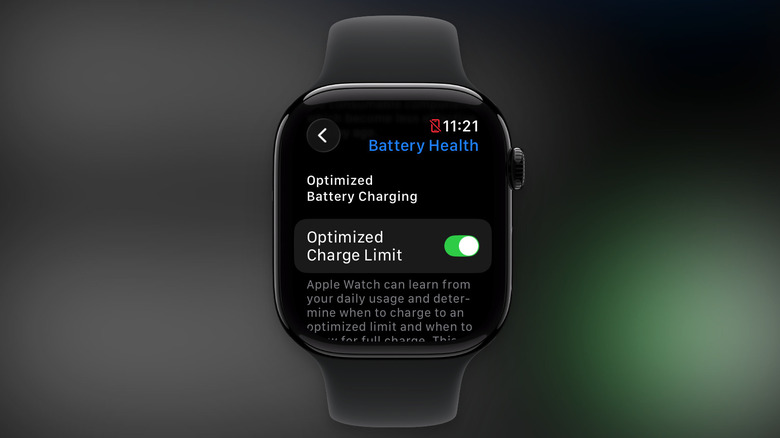 Optimized Battery Charging settings screen on Apple Watch.