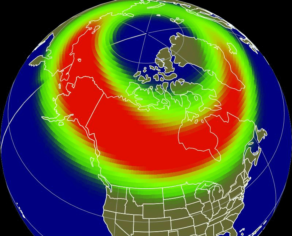 map of canada and us with green and red northern lights forecast
