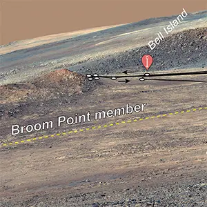 The bright-colored rocks exposed across the slope, running from middle left to middle right of the image, belong to a formation the science team calls the “Broom Point member,” a 245-foot-thick (75-meter-thick) stack of ancient rock. . Credit: NASA/JPL