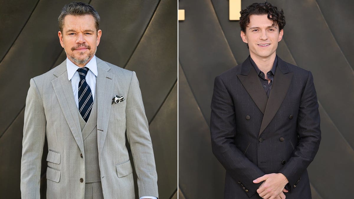 A split image of Matt Damon and Tom Holland on the red carpet.