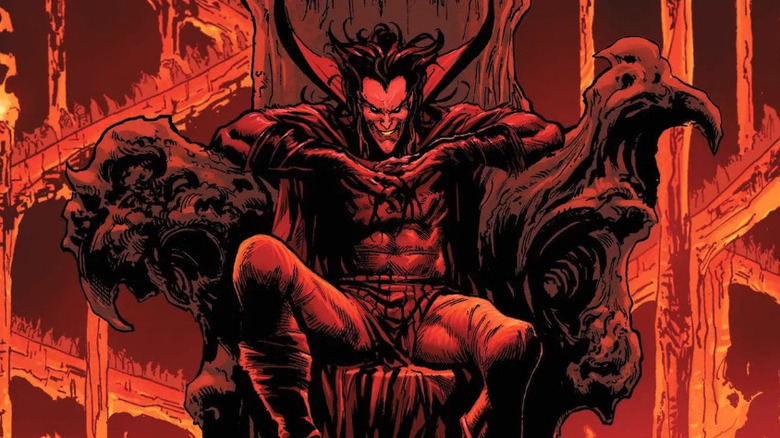 Mephisto sits on a throne surrounded by fire in Marvel Comics