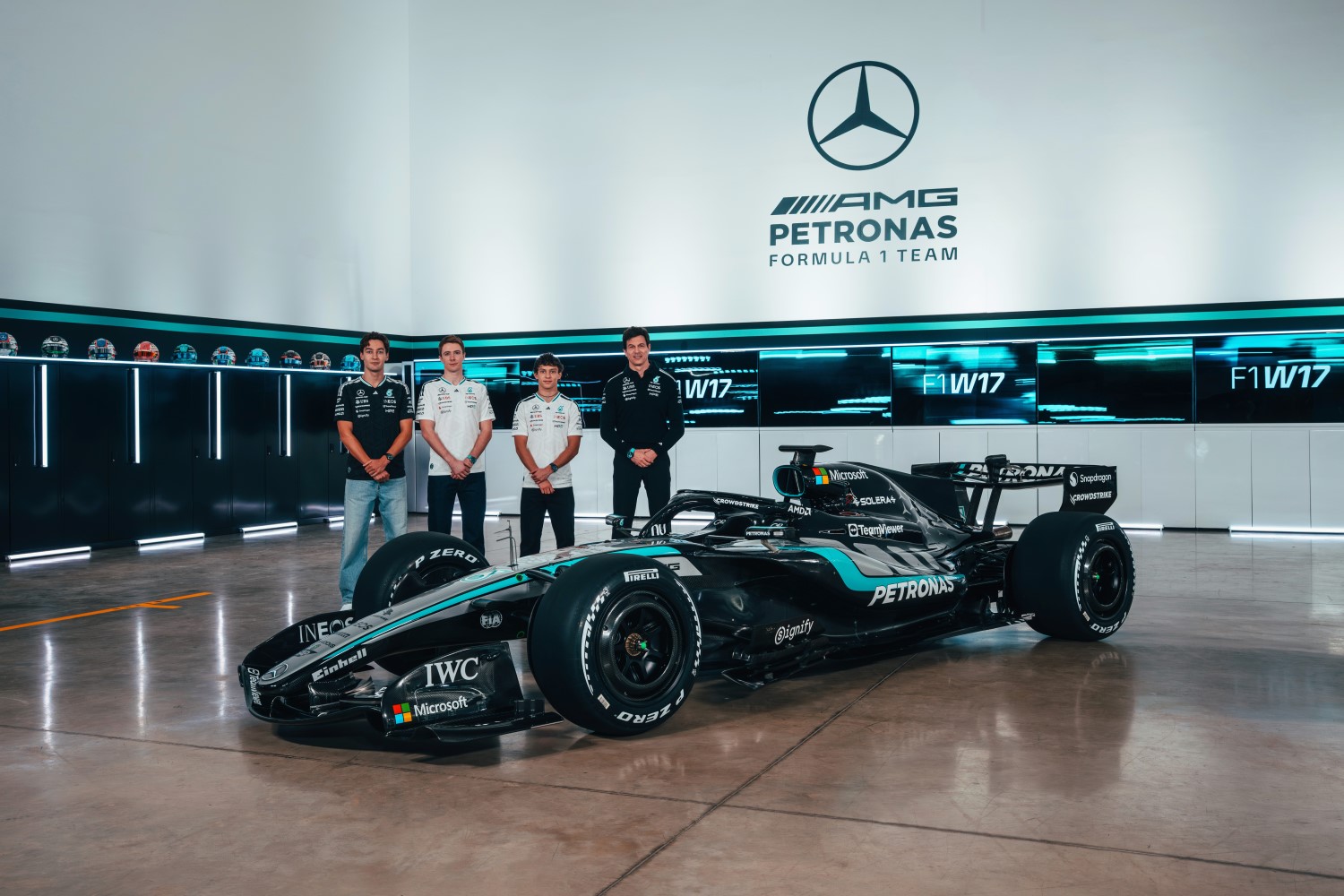 Mercedes 2026 F1 drivers and Toto Wolff (R). Image supplied by Mercedes