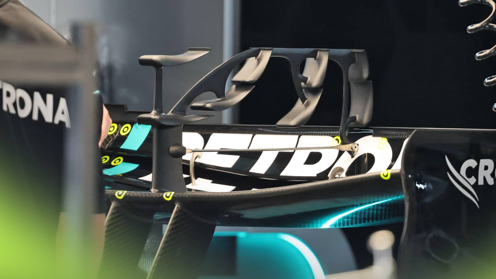 Mercedes' unusual rear wing in the garage in Monaco