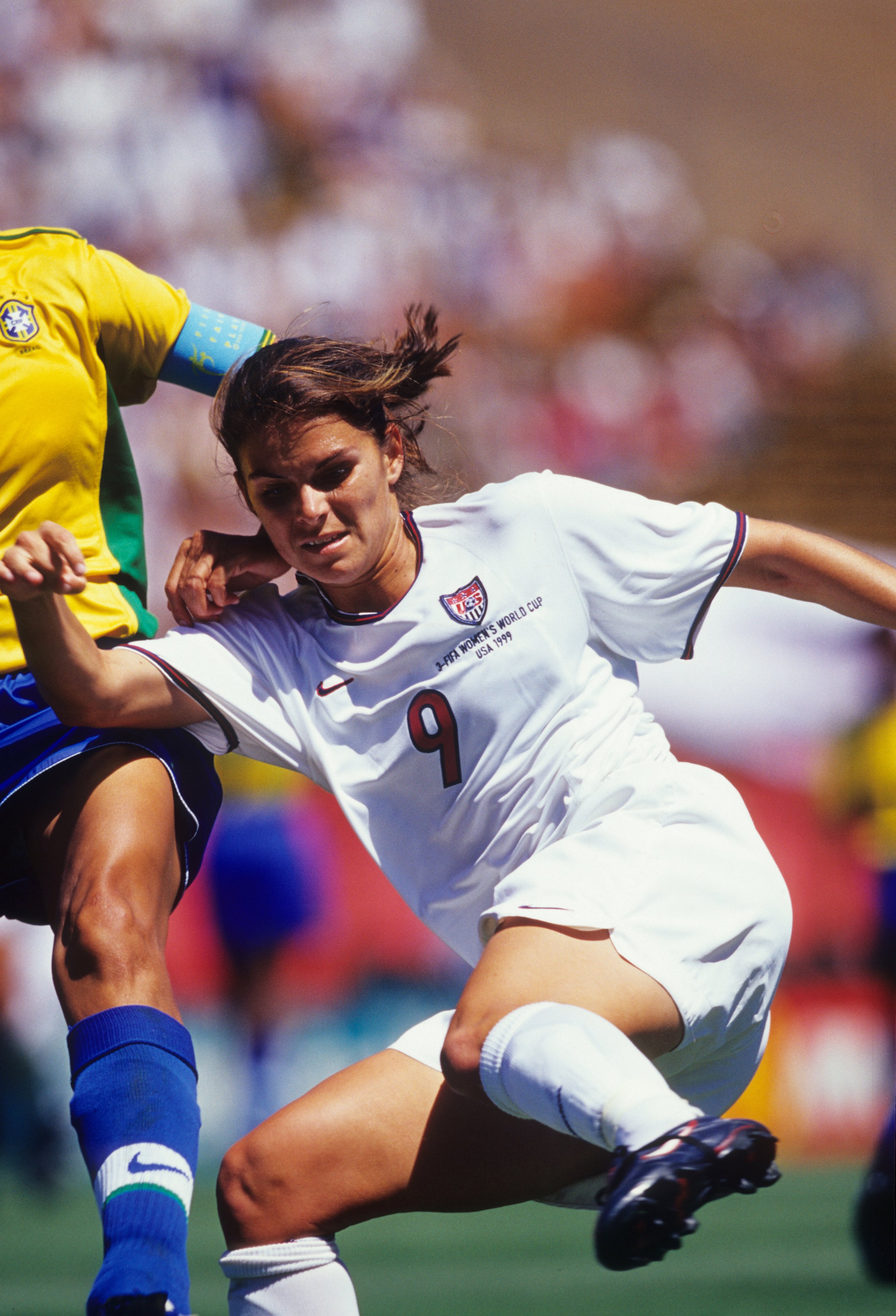 Soccer: FIFA World Cup: USA Mia Hamm (9) in action vs Brazil during Women's Semifinals match at Stanford Stadium. Palo Alto, CA, 7/4/1999 CREDIT: Peter Read Miller (Photo by Peter Read Miller /Sports Illustrated via Getty Images) (Set Number: X58231 TK2 R8 F22 )