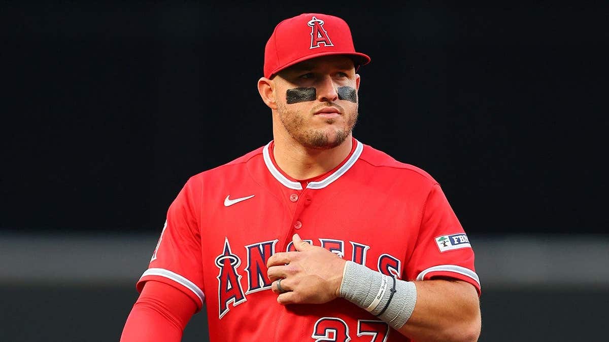 Mike Trout wearing Los Angeles Angels uniform standing at Yankee Stadium