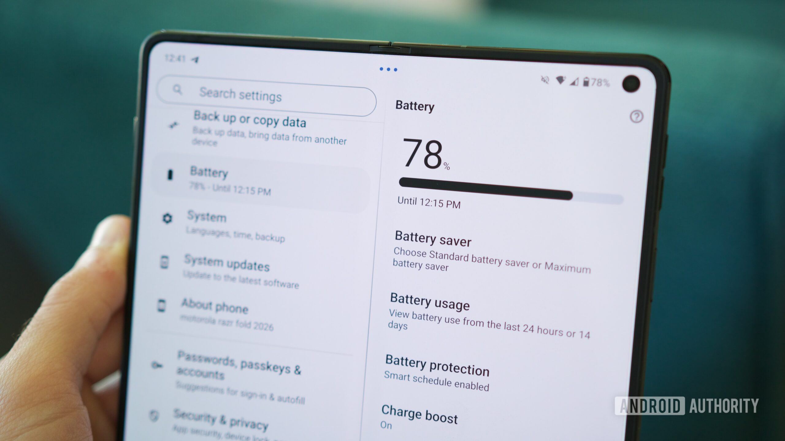 motorola razr fold review battery settings Battery life settings page on the Motorola Razr Fold.