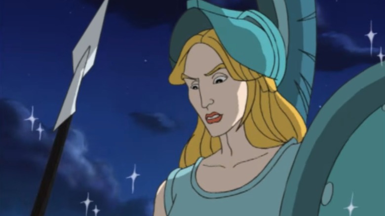 Athena speaking, holding her spear and shield