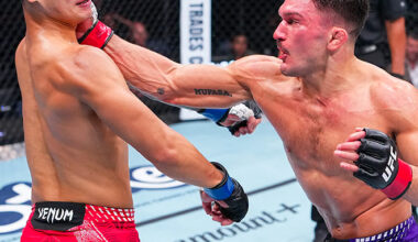 Ko Seok-hyun, an 82kg gold medalist in the Combat category at the 42nd International Sambo Federation World Championships, is regretful after finishing an away match between Jean-Paul LeBosnoyani and UFC Fight Night 281 welterweight 5 minutes &times; 3 rounds at the Paycom Center in Oklahoma City in July 2026. Photo = TKO