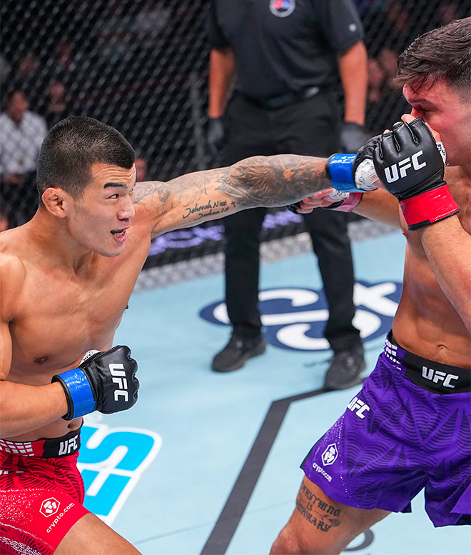 Ko Seok-hyun, an 82kg gold medalist in the Combat category at the 42nd International Sambo Federation World Championships, attacks Jean-Paul LeBosnoyani in the UFC Fight Night 281 welterweight 5 minutes×3 rounds away match at the Paycom Center in Oklahoma City, U.S., in July 2026. Photo = TKO
