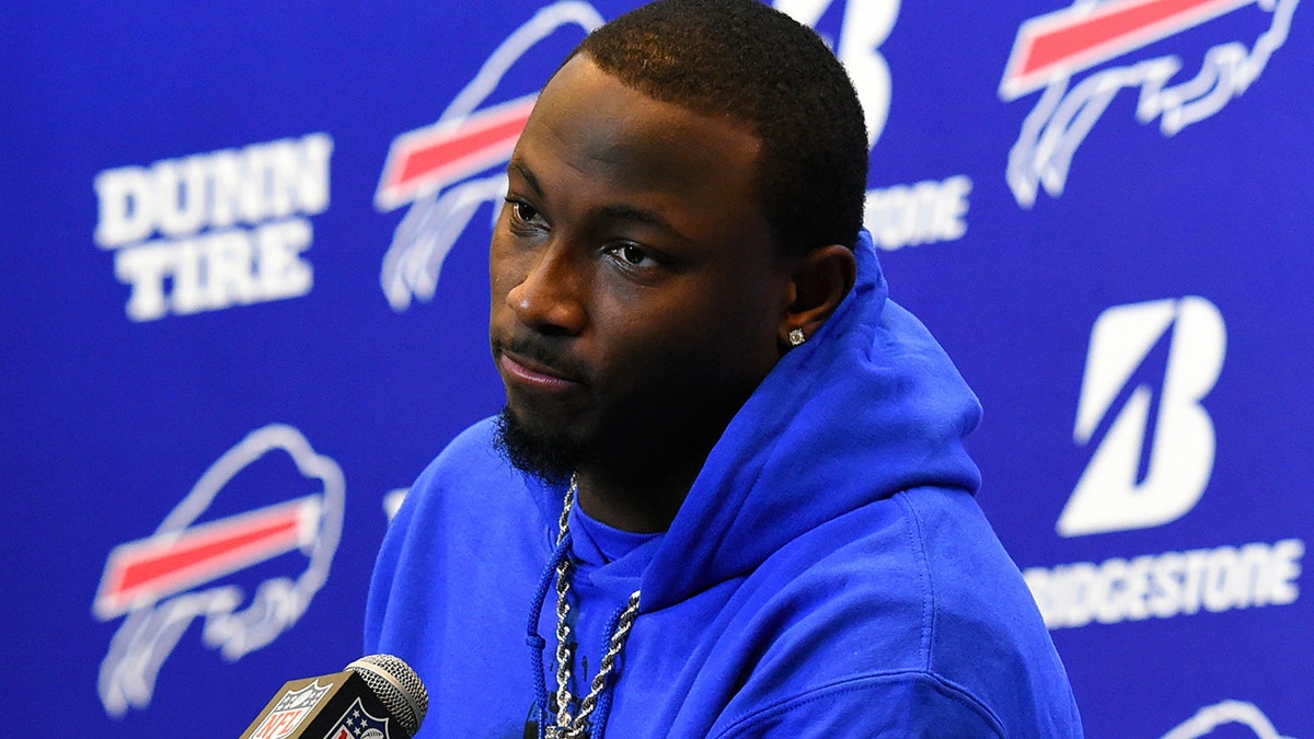 FILE - In this Dec. 17, 2017, file photo, Buffalo Bills running back LeSean McCoy (25) speaks with the media following an NFL football game against the Miami Dolphins, in Orchard Park, N.Y. LeSean McCoy says an allegation posted on social media accusing him of bloodying his former girlfriend's face is baseless and false. An Instagram post Tuesday, July 10, 2018, from a person who says she is friends with the woman showed a graphic photo of the former girlfriend and accuses McCoy of physically abusing her, his son and his dog, as well as injecting steroids. (AP Photo/Rich Barnes, File)