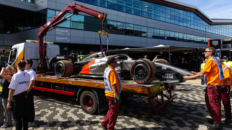 Audi car removed from the track during the F1 Grand Prix of Great Britain at Silverstone Circuit on July 5, 2026 in Northampton, United Kingdom.