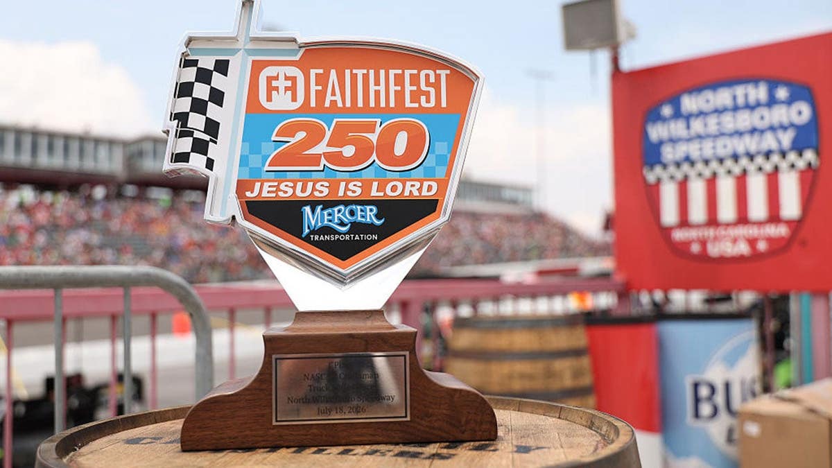 NASCAR Craftsman Truck Series trophy sits at North Wilkesboro Speedway.