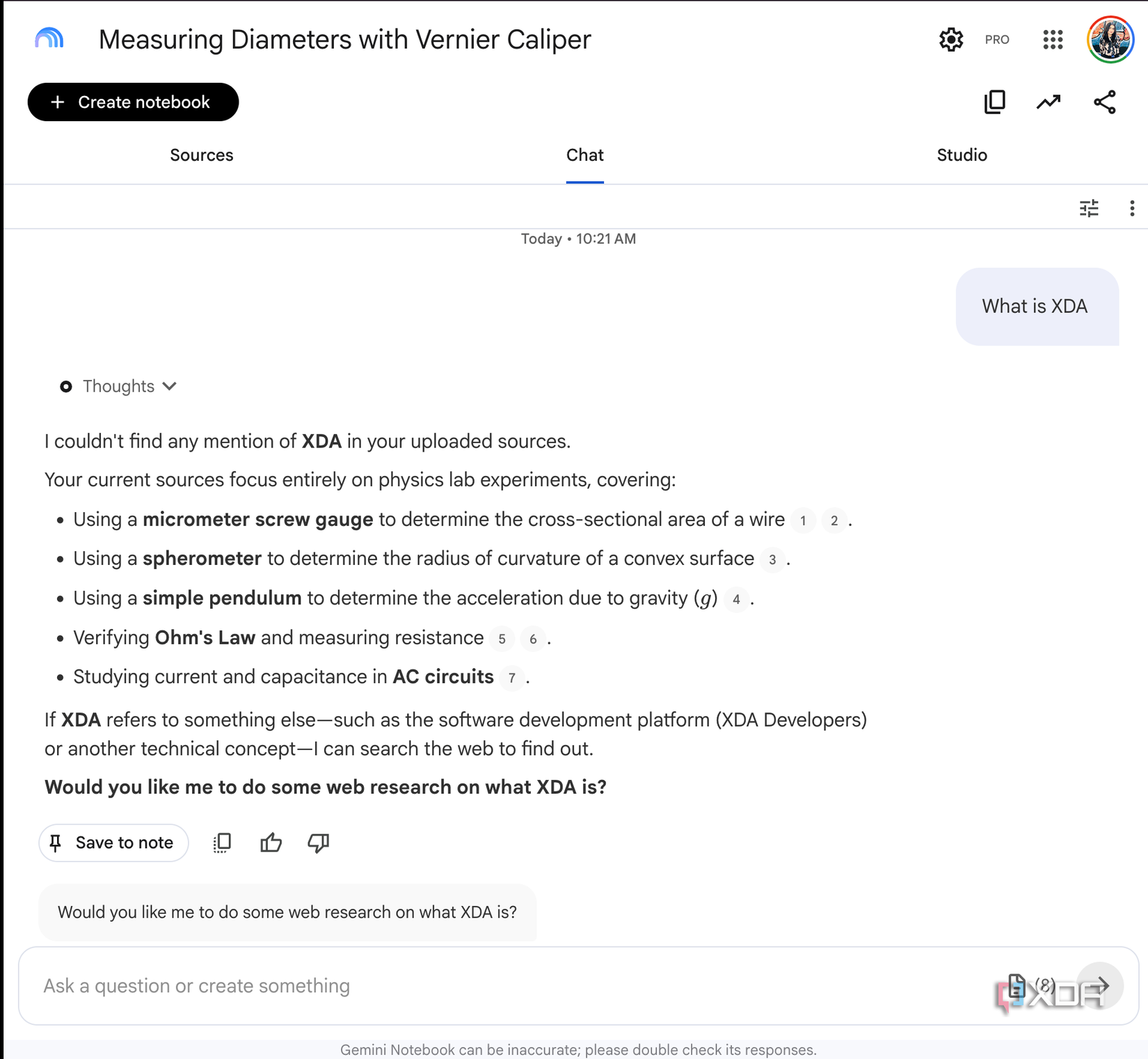 NotebookLM chat saying it cant find XDA in the sources, offering to search the web-1
