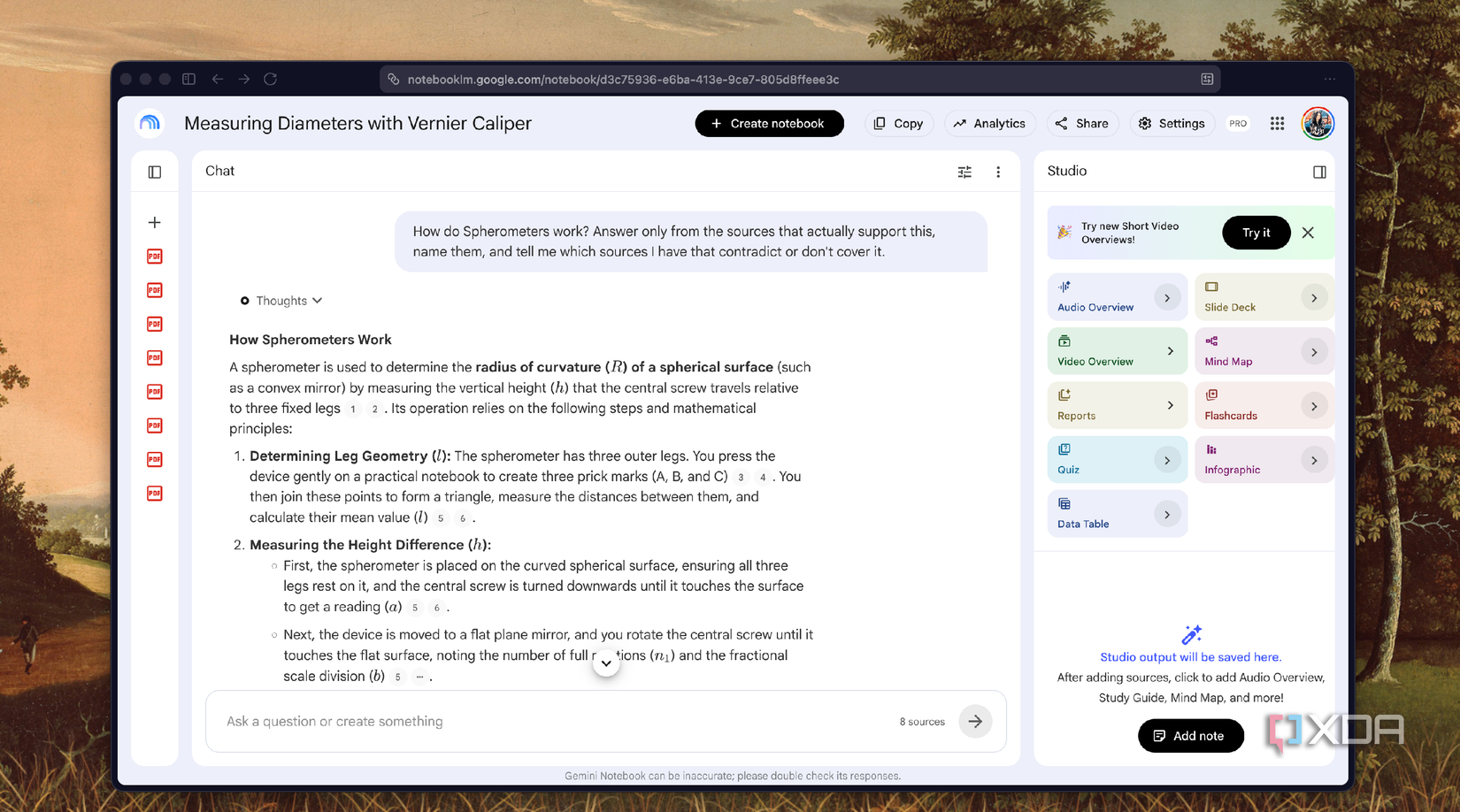 NotebookLM in Chrome explaining how spherometers measure radius of curvature-1