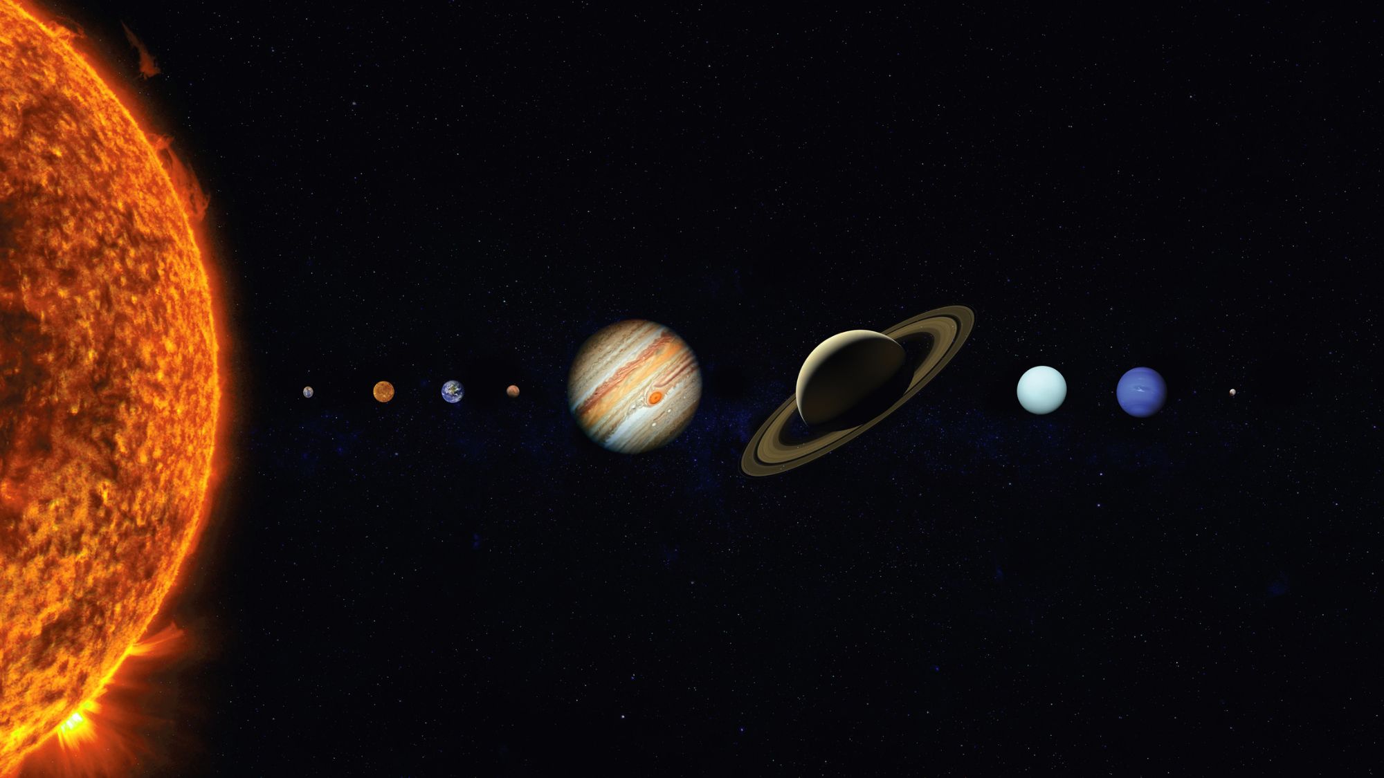 The sun on the left and all the planets in order from left to right.