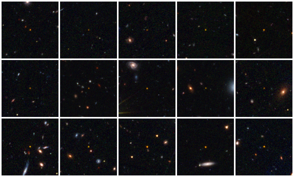 Lots of glowing dots of different sizes across a dark screen. There is a white grid on top of the screen with 15 squares.