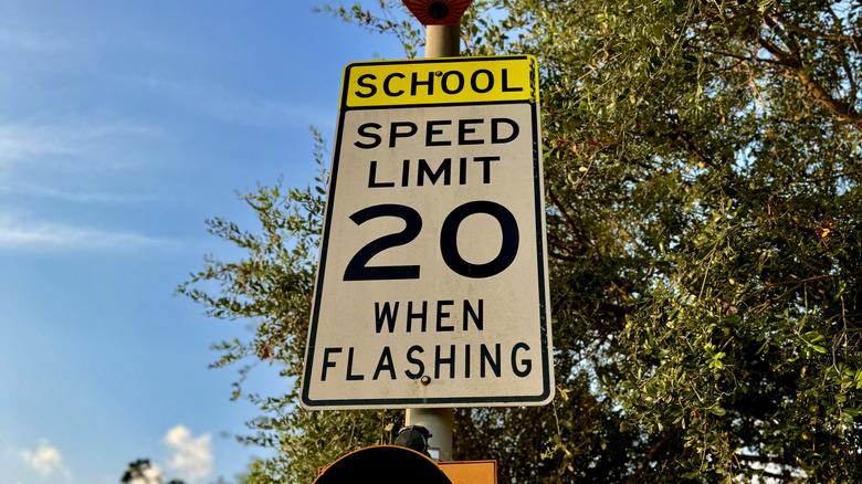 A 20-mph school zone speed limit sign.