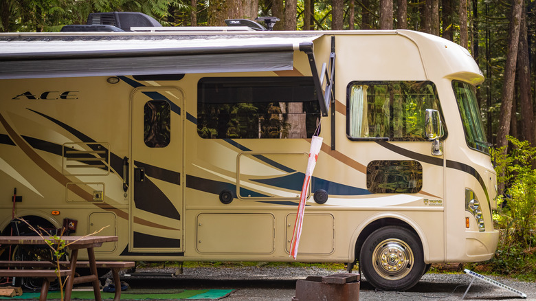 An RV parked at a campsite inside Rolley Lake Provincial Park, British Columbia