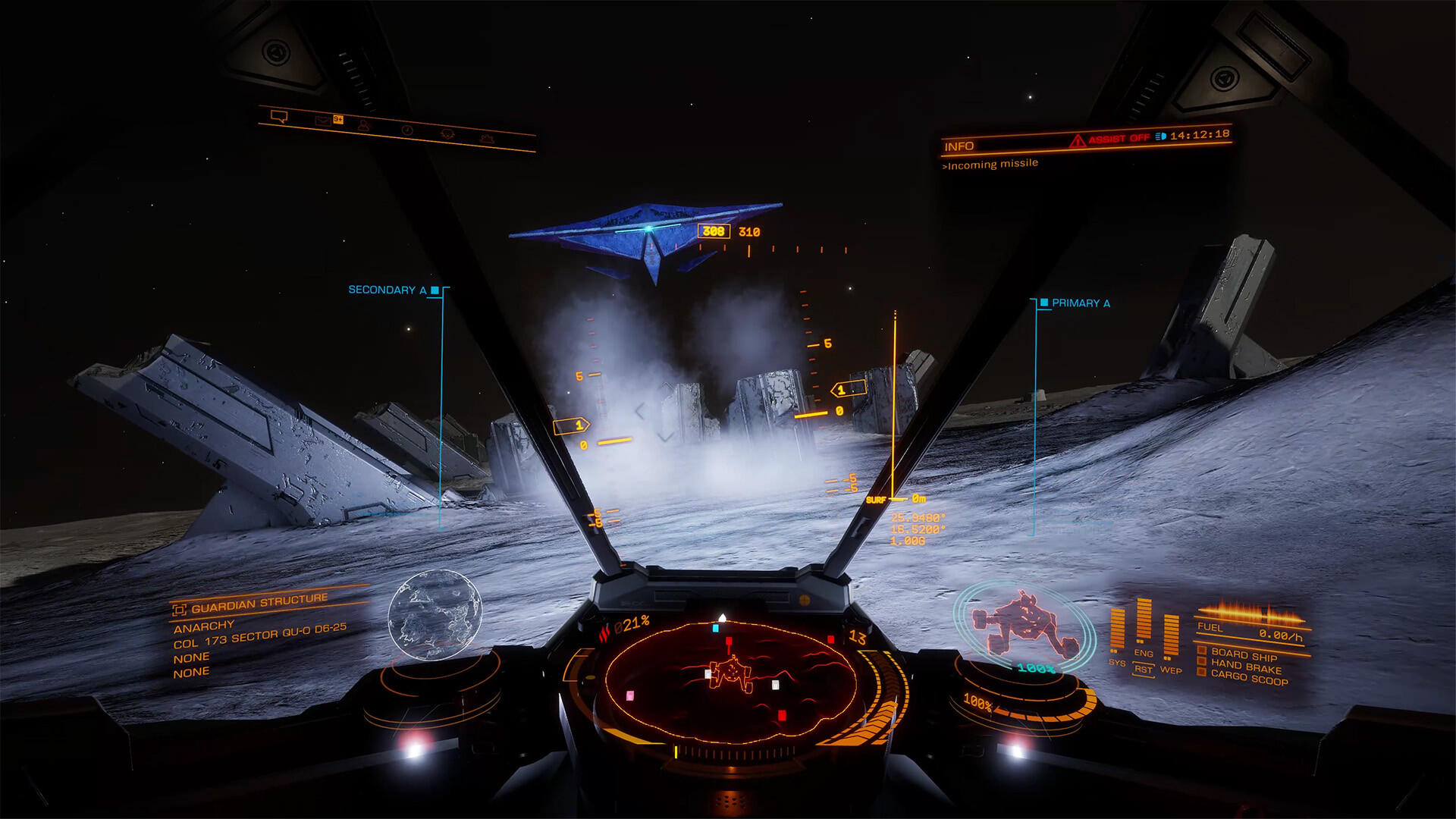 Screenshot from the space exploration game Elite Dangerous showing a spaceship landing on a barren planet from inside the cockpit.