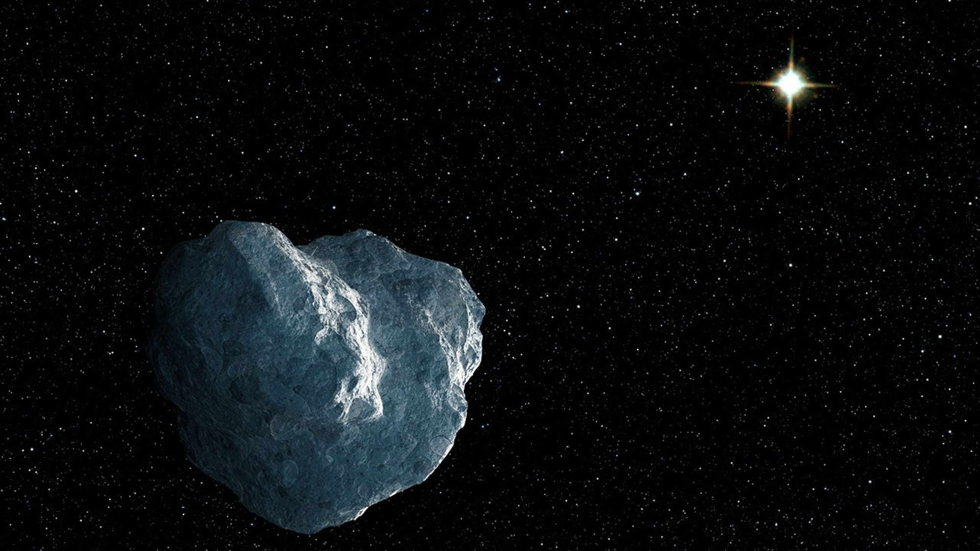An illustration of a rock in space with a star in the far distance.